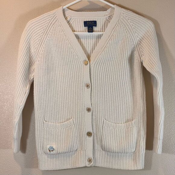 Vintage Polo Ralph Lauren Cream Cotton Cable Knit Button Up Cardigan Girls 8/10